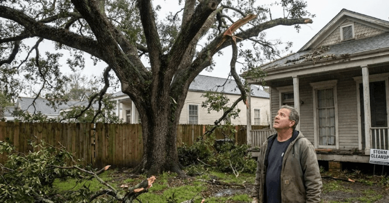 Homeowner inspecting storm-damaged tree in New Orleans yard