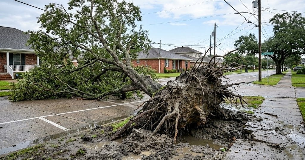 Tree roots failing in wet clay soil in Metairie, Louisiana