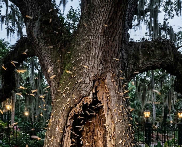 Formosan termites swarming around a hollowed‑out live oak in New Orleans