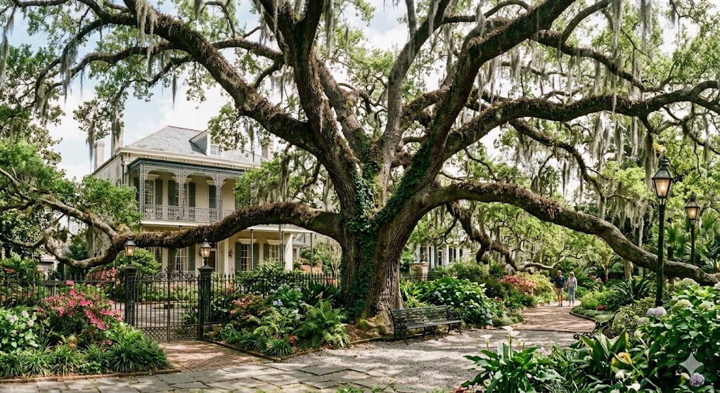 Massive historic Live Oak with sprawling branches in a New Orleans garden