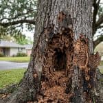 Large oak tree in Metairie, Louisiana showing termite damage and internal wood rot
