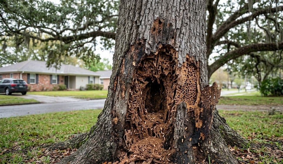 Large oak tree in Metairie, Louisiana showing termite damage and internal wood rot
