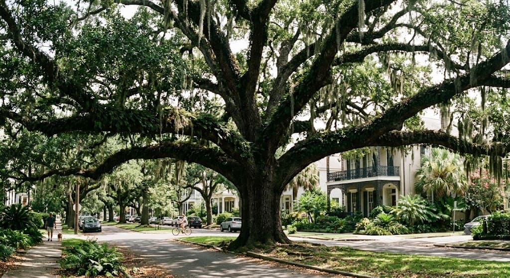Mature live oak with horizontal branches in Greater New Orleans.