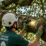 Certified arborist inspecting a large oak limb for hidden structural defects before storm season