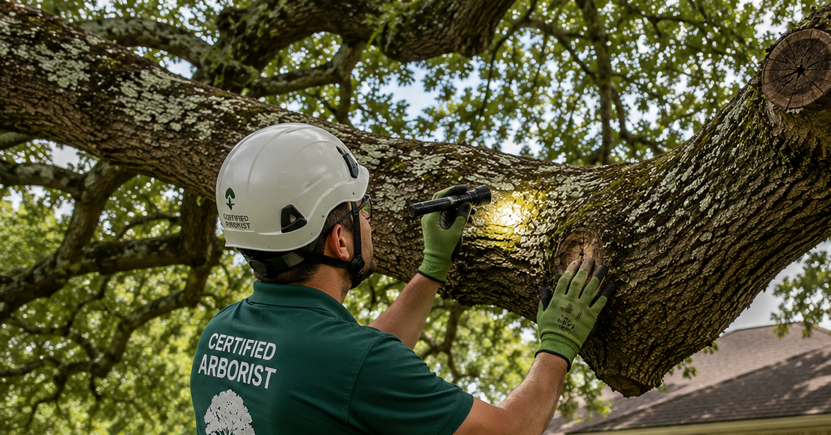 Certified arborist inspecting a large oak limb for hidden structural defects before storm season