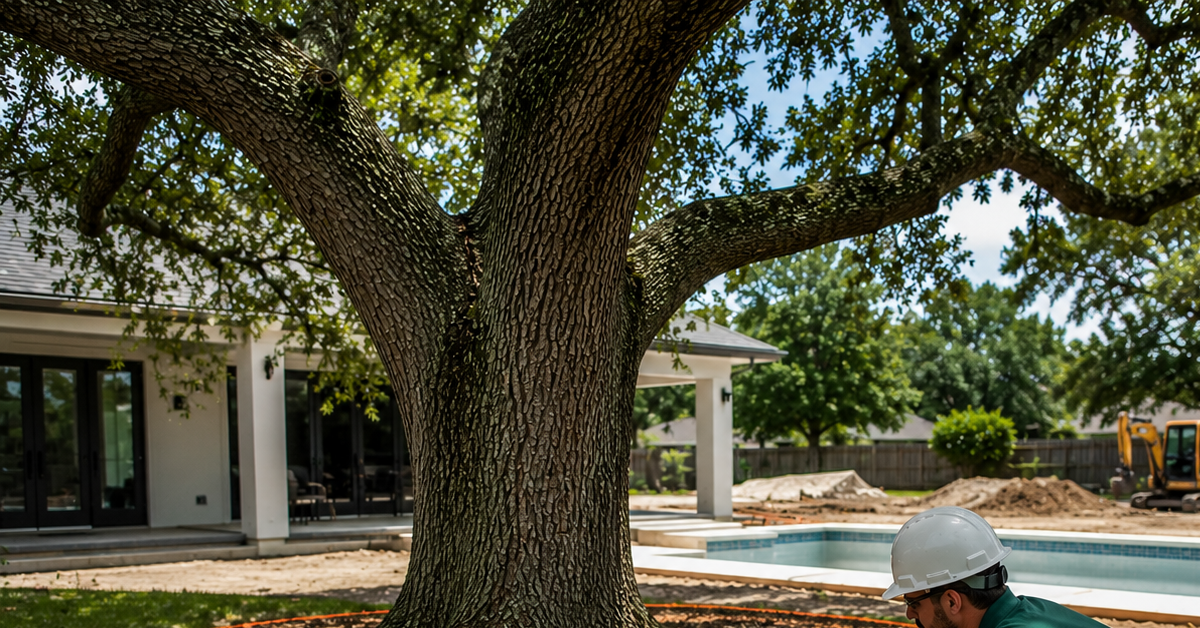 Certified arborist marking a root protection zone around a mature oak before a home renovation and pool installation