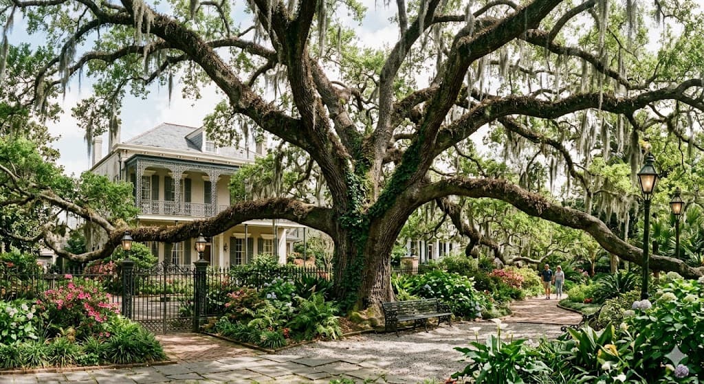 Massive historic Live Oak with sprawling branches in a New Orleans garden