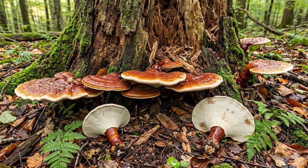 Shelf‑like Ganoderma lucidum fungi at the base of a rotting tree trunk
