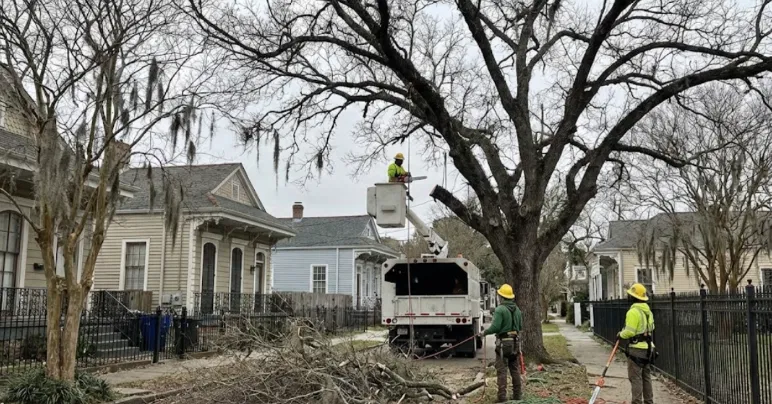 Image Alt Text: Tree pruning during winter dormancy in New Orleans