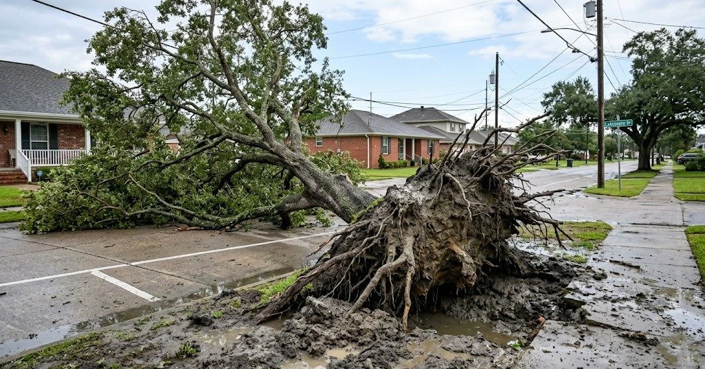 Tree roots failing in wet clay soil in Metairie, Louisiana